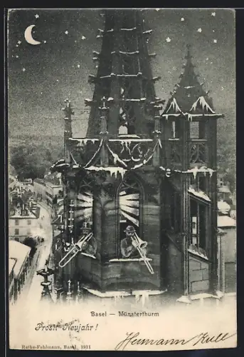 AK Basel, Münsterturm bei Nacht mit Trompetern