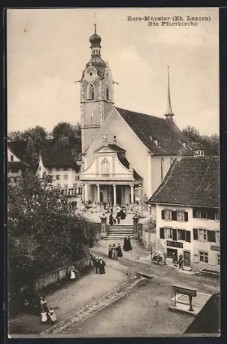 AK Bero-Münster /Luzern, Die Pfarrkirche aus der Vogelschau