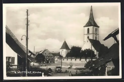 AK Muttenz, Ortspartie mit Kirche und Gasthof zum Bären, Lastkraftwagen