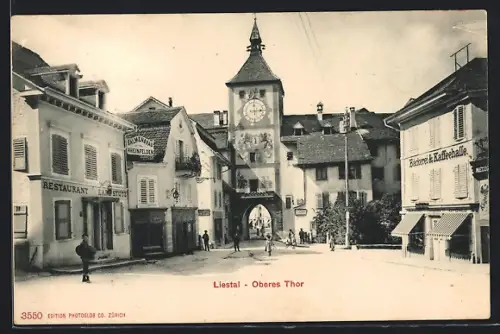 AK Liestal, Strassenpartie am Oberen Tor, restaurant Karl Stutz, Bäckerei und Kaffeehalle