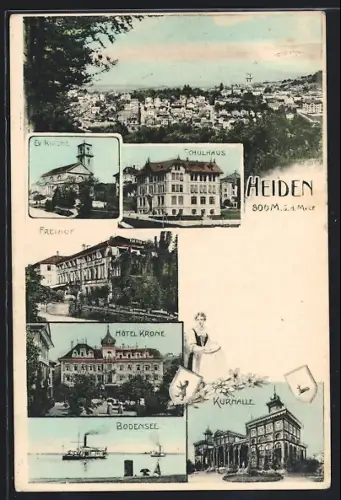 AK Heiden, Hotel Krone, Freihof, Kurhalle, Schulhaus, Bodensee mit Dampfer, Frau in Tracht, Wappen