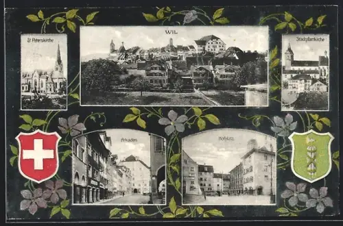AK Wil /SG, Hofplatz, Stadtpfarrkirche, Arkaden, St. Peterskirche, Passepartout mit Wappen