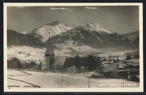 AK Saanen, Ortsansicht mit Kirche, Giffernhorn u. Wassergrat im Winter
