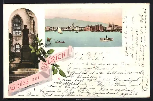 AK Zürich, Denkmal vor einer Kirche, Stadtpanorama vom Wasser aus