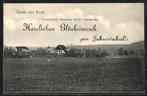 AK Rüti /BE, Panorama mit Handlung Leuenberger, Neujahrsgruss