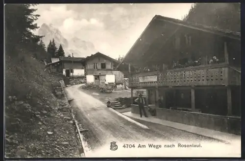 AK Rosenlaui, Am Wege nach Rosenlaui, Gasthaus-Pension mit Strasse