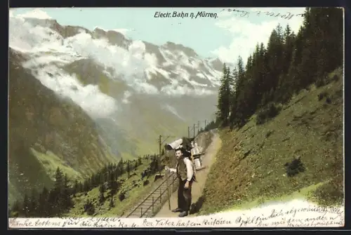 AK Mürren, Electr. Bahn n. Mürren, Mobiler Verkäufer mit Waren