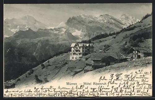 AK Mürren, Hotel Alpenruh gegen das Gebirge