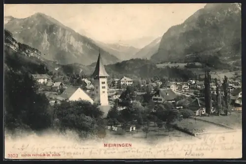 AK Meiringen, Teilansicht mit Kirche aus der Vogelschau