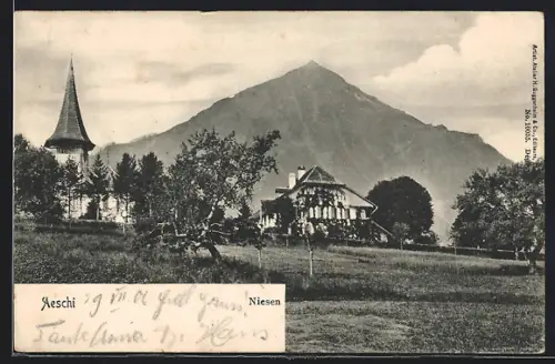 AK Aeschi, Panorama mit Kirche und Niesen