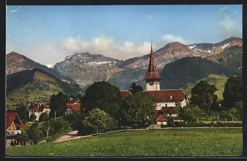 AK Aeschi, Totalansicht mit Kirche u. Bergen