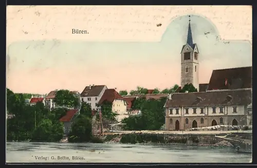 AK Büren an der Aare, Ortspanorama mit Kirche vom Wasser aus