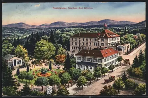 AK Rheinfelden, Soolbad Drei Könige mit Anlagen, Strasse und Bergpanorama