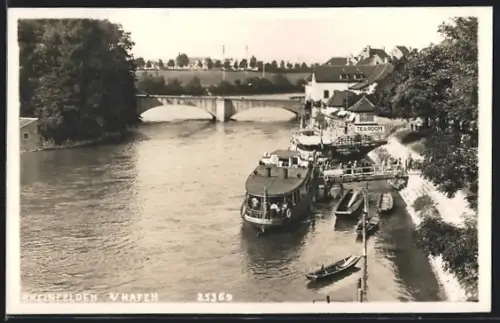 AK Rheinfelden, Hafenpartie mit Brücke und Gaststätte Tea-Room