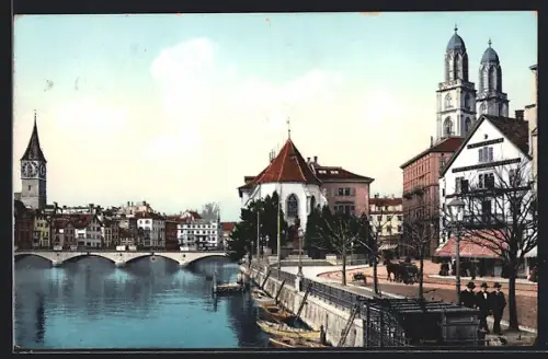 AK Zürich, Peterskirche, Wasserkirche mit Zwinglidenkmal und Grossmünster