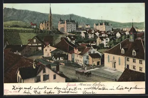 AK Zürich, Teilansicht mit Strasse aus der Vogelschau