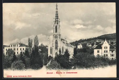 AK Zürich, Unterstrass, Kirche mit Umgebung