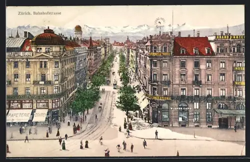 AK Zürich, Bahnhofstrasse mit Bergen