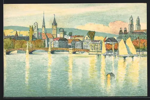 Künstler-AK sign. E. Stiefel: Zürich, Teilansicht mit Zürichsee