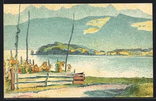 Künstler-AK sign. E. Stiefel: Insel Au /Zürichsee, Panorama