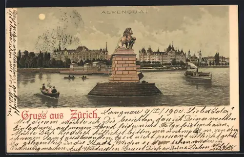 Mondschein-Lithographie Zürich, Alpenquai mit Löwendenkmal