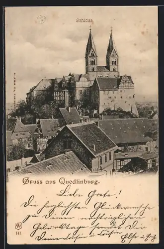 AK Quedlinburg, Blick von der Stadt auf das Schloss