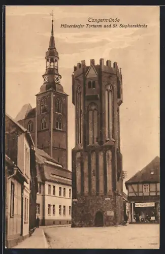 AK Tangermünde, Hünerdorfer Torturm und St. Stephanskirche