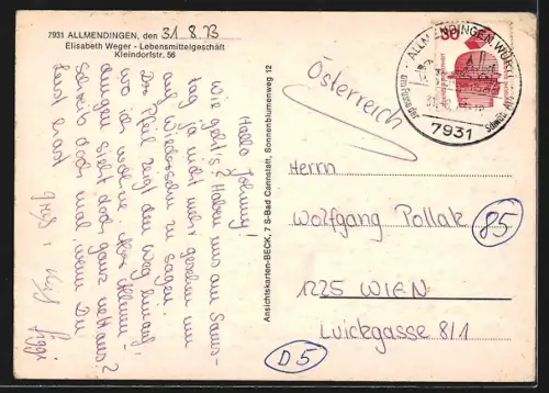 AK Allmendingen, Kirche, Rathaus, Lebensmittelgeschäft Elisabeth Weger, Kleindorfstrasse 56