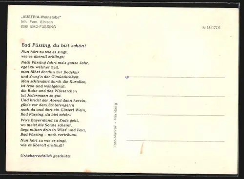 AK Bad Füssing, Austria-Weinstube, Inh. Fam. Eirisch, Steinreuther Strasse 31, Aussenansicht, Gasträume, Wirtin