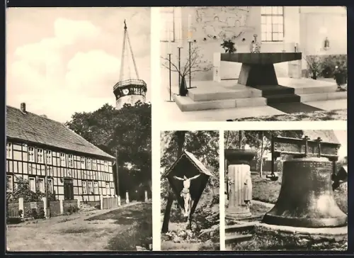 AK Werningshausen, Fachwerkhaus mit Kirchturm, Altar, Kruzifix, Glocke