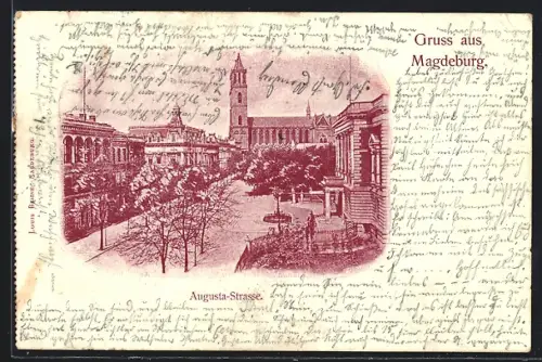 AK Magdeburg, Augusta-Strasse mit Kirche