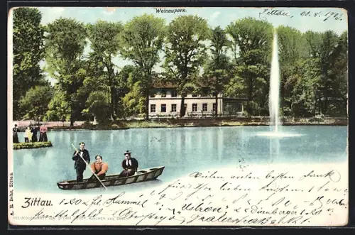 AK Zittau, Weinaupark, Teich mit Boot und Springbrunnen