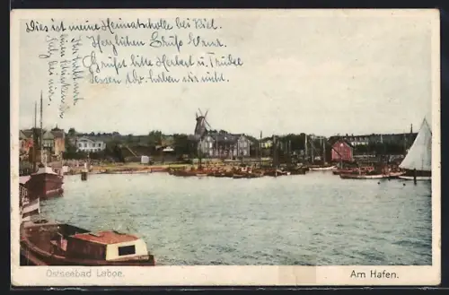 AK Laboe, Ortspartie vom Hafen aus gesehen