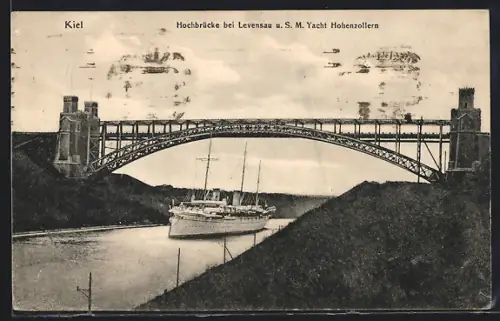 AK Kiel, Hochbrücke bei Levensau u. S. M. Yacht Hohenzollern