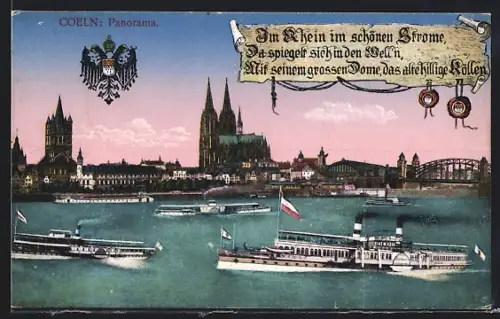 AK Köln, Panorama mit Dom und Dampfer, Brücke