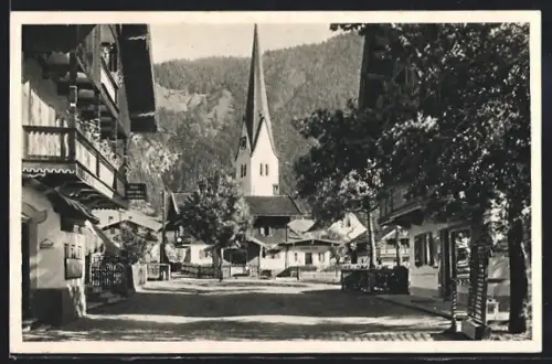 AK Bayrischzell, Dortfpartie mit Kirche
