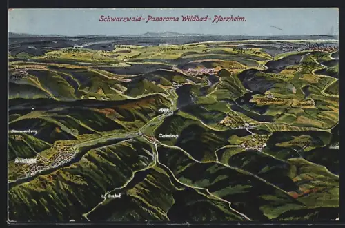 AK Wildbad /Schwarzwald, Landkarte Schwarzwald-Panorama mit Wildbad, Calmbach und Pforzheim
