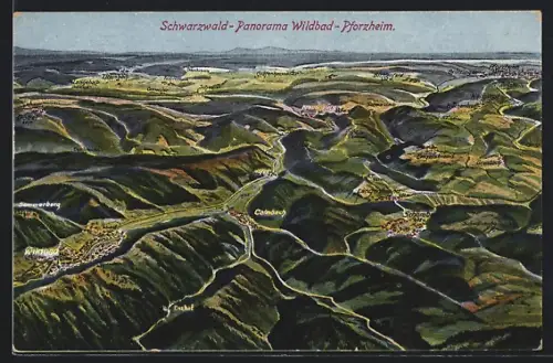 AK Wildbad /Schwarzwald, Landkarte Schwarzwald-Panorama mit Wildbad, Calmbach und Pforzheim
