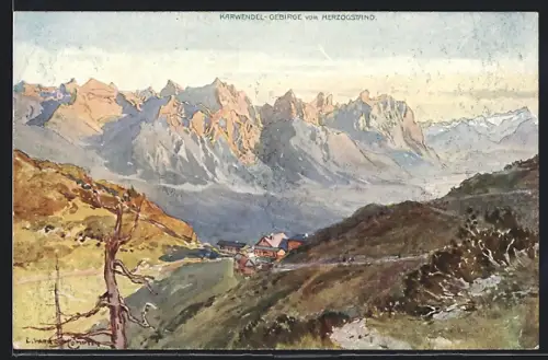 Künstler-AK Edward Harrison Compton: Herzogstand-Haus, Karwendelgebirge vom Herzogstand