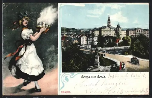 AK Greiz, Stadtansicht mit Schloss und Brücke