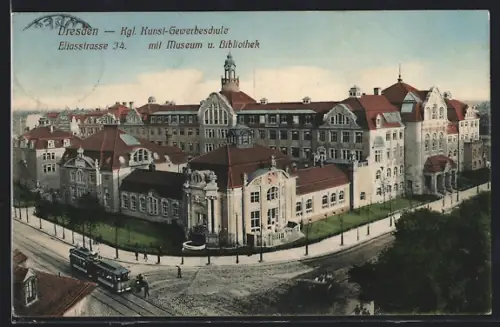 AK Dresden, Kgl. Kunst-Gewerbeschule in der Eliasstrasse 34, Museum, Bibliothek