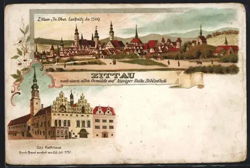 Lithographie Zittau /Ober Lausitz, Rathaus, Ortspanorama