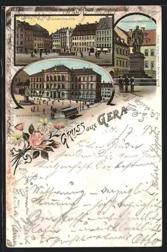 Lithographie Gera, Marktplatz, Denkmal, Gymnasium
