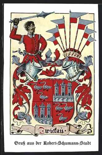 Künstler-AK Zwickau, Wappen, Gruss aus der Robert-Schumann-Stadt