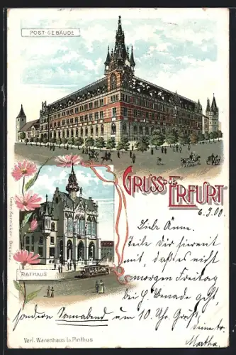 Lithographie Erfurt, Post-Gebäude, Rathaus