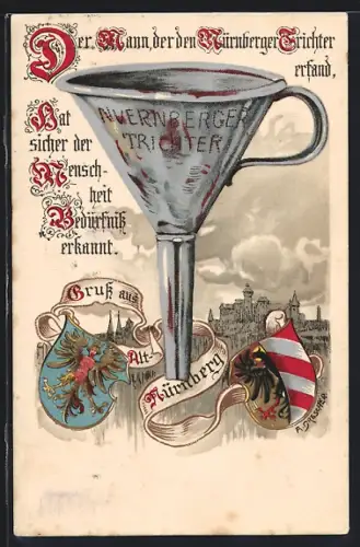 Künstler-AK Nürnberg, Nürnberger Trichter, Wappen
