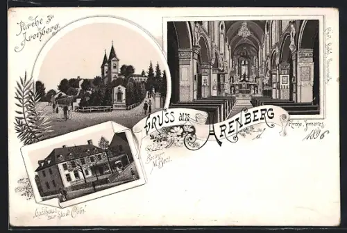Lithographie Arenberg, Gasthaus zur Stadt Cöln von M. Best, Kirche, Kircheninneres
