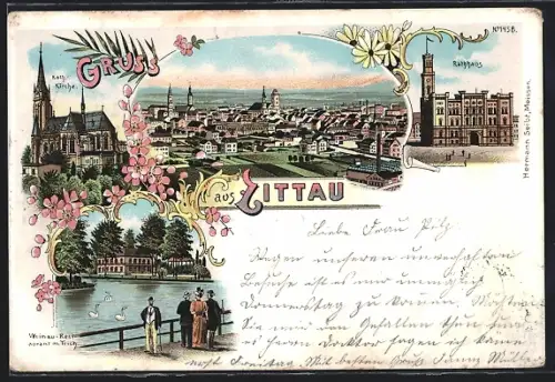 Lithographie Zittau, Weinau-Restaurant an der Neisse, Katholische Kirche, Rathaus