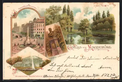Lithographie Magdeburg, Hasselbach-Brunnen, Grusonsches Gewächshaus, Friesen-Denkmal