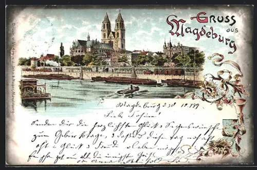 Lithographie Magdeburg, Dom, Elbufer, Stadtansicht